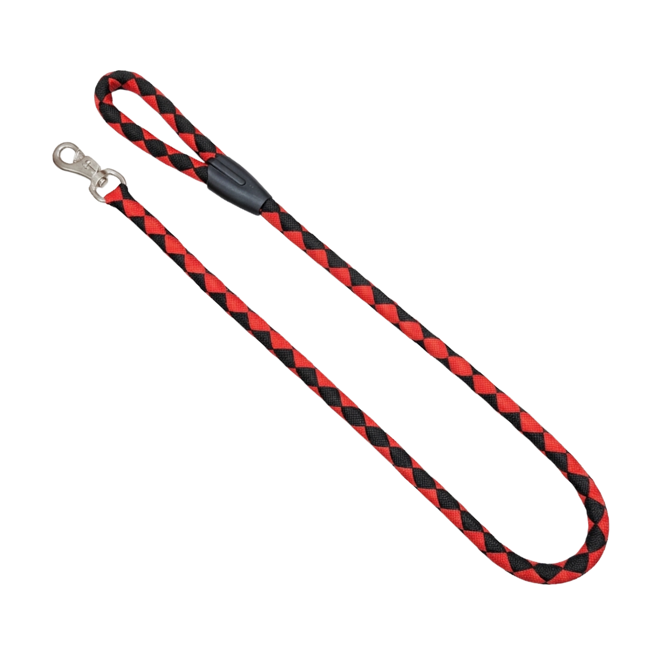 Apex braided nylon dog leash with red and black checkerboard pattern and padded handle