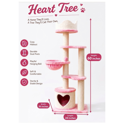 Heart Tree 60-Inch Pink and Off-White Cat Tree with Scratching Posts and Condo